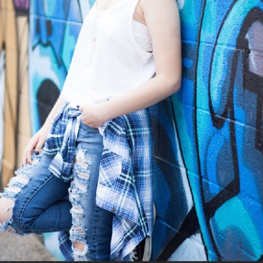 Blue long sleeve plaid shirt